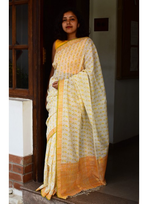 Off-White with Yellow,  Handwoven Organic Cotton, Textured Weave , Hand printed,  Hand dyed, Occasion Wear, Jari Saree
